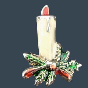 Christmas Candle Pin Brooch Vintage Holiday Jewelry Pine Bow Ribbon Metal Enamel